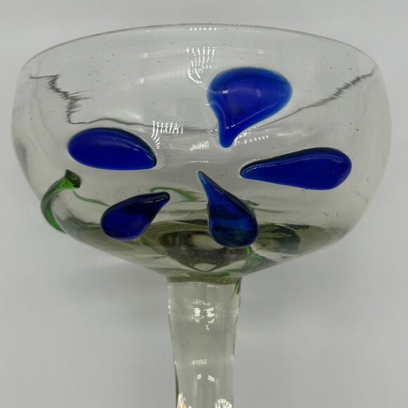 Handblown Margarita Glasses Cobalt Blue and Green Swirls Made in Mexico Set of 2 - Picture 4 of 14